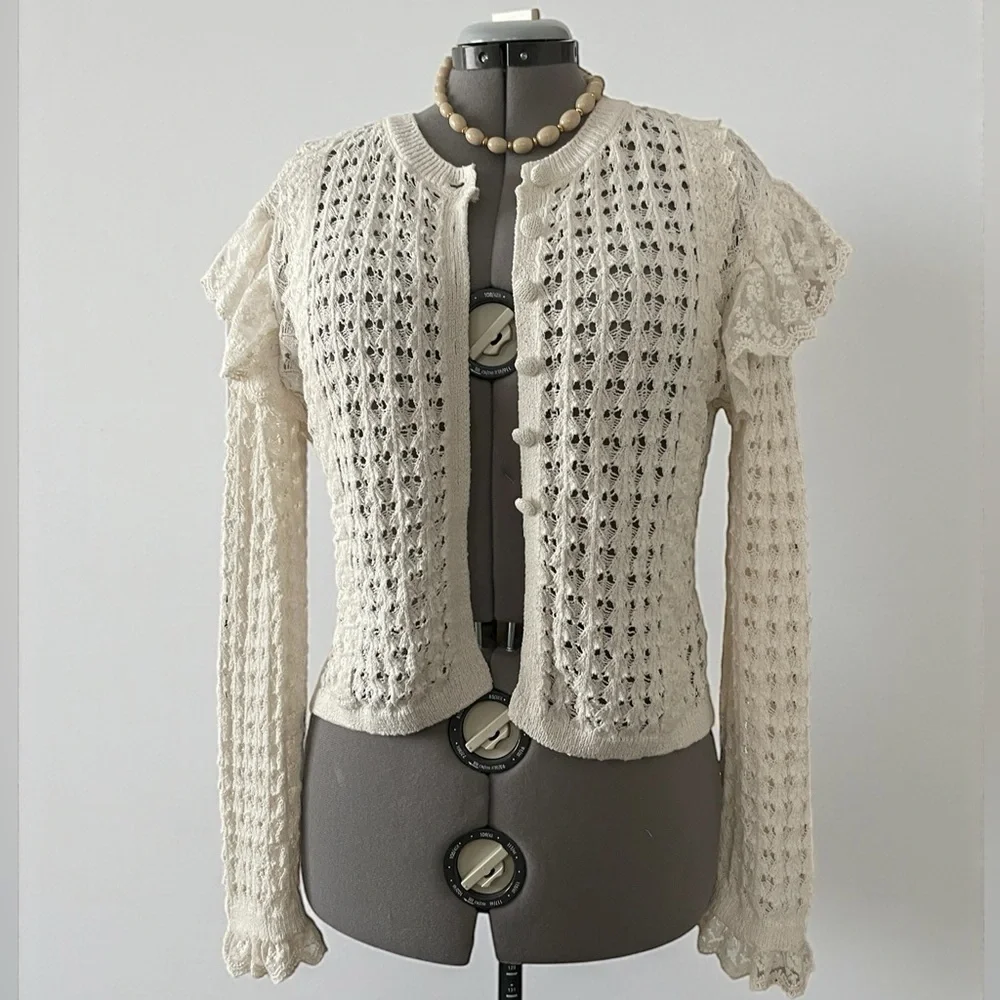Zara Cream Ivory Lace Knit Cardigan Large Coquette Cottagecore Cropped Top